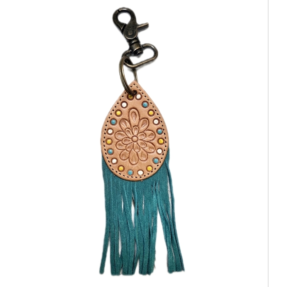 Myra Bag Tan and Teal Leather Fringe Keychain